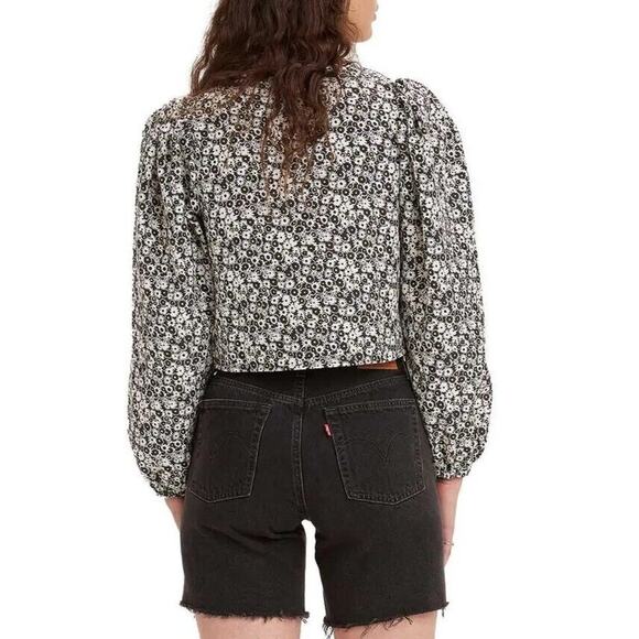 NEW Levi's Embry Tie Front Blouse L Puff Balloon Sleeve Cropped Crop Top Floral - Picture 2 of 9